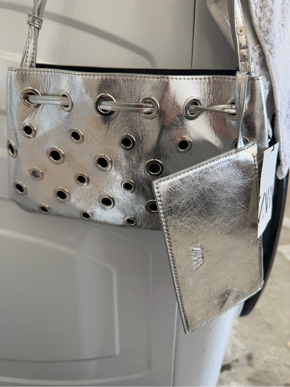 Zara Metallic Silver Eyelet Crossbody Bag